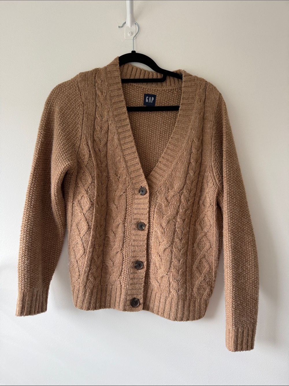 GAP Camel Cable-Front Button Cardigan